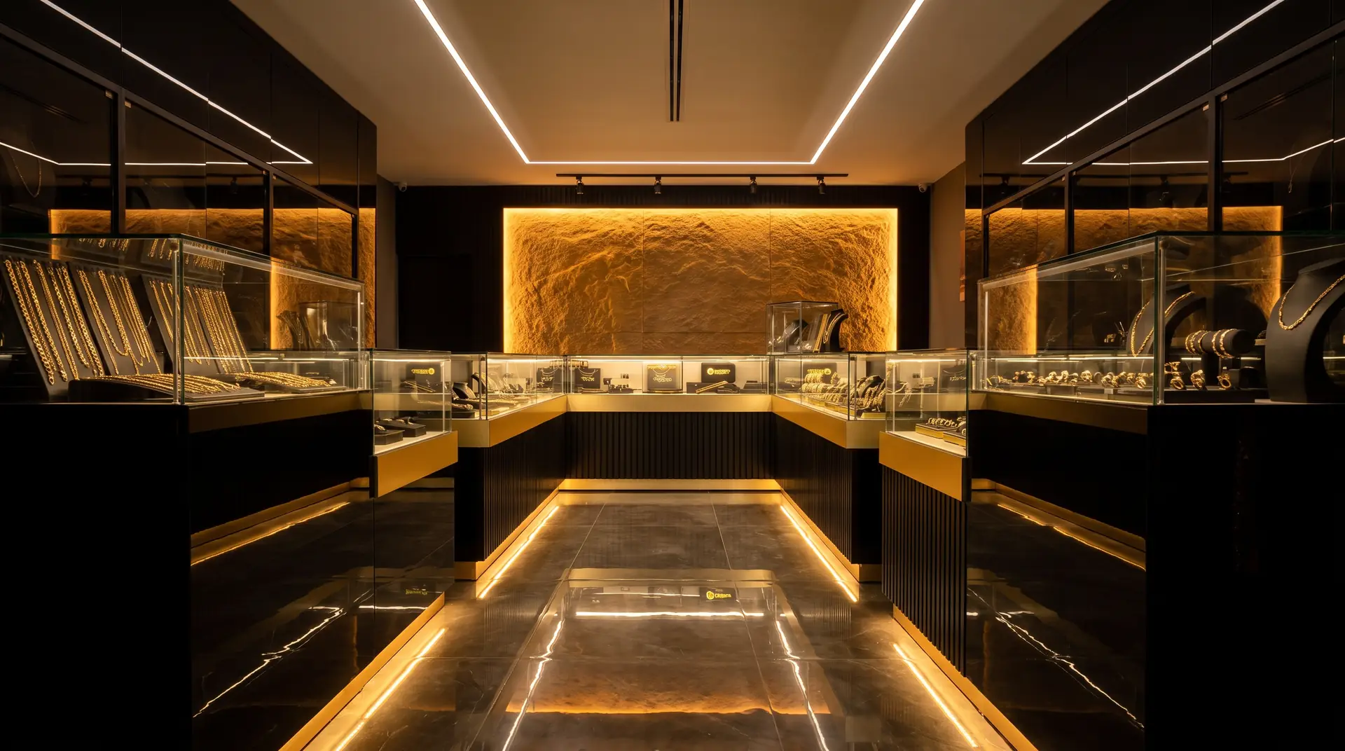 Interior de la joyería con vitrinas iluminadas en oro
