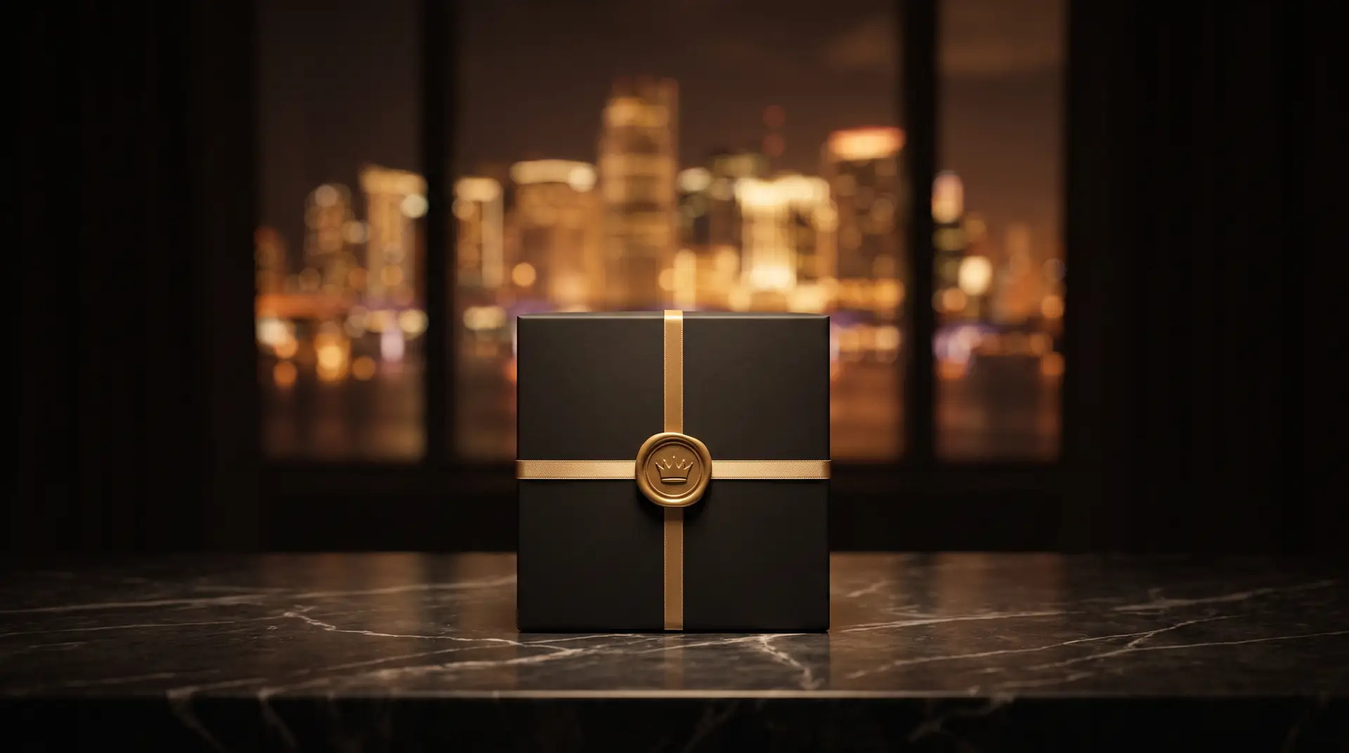 Caja negra de regalo con cinta dorada y sello de corona