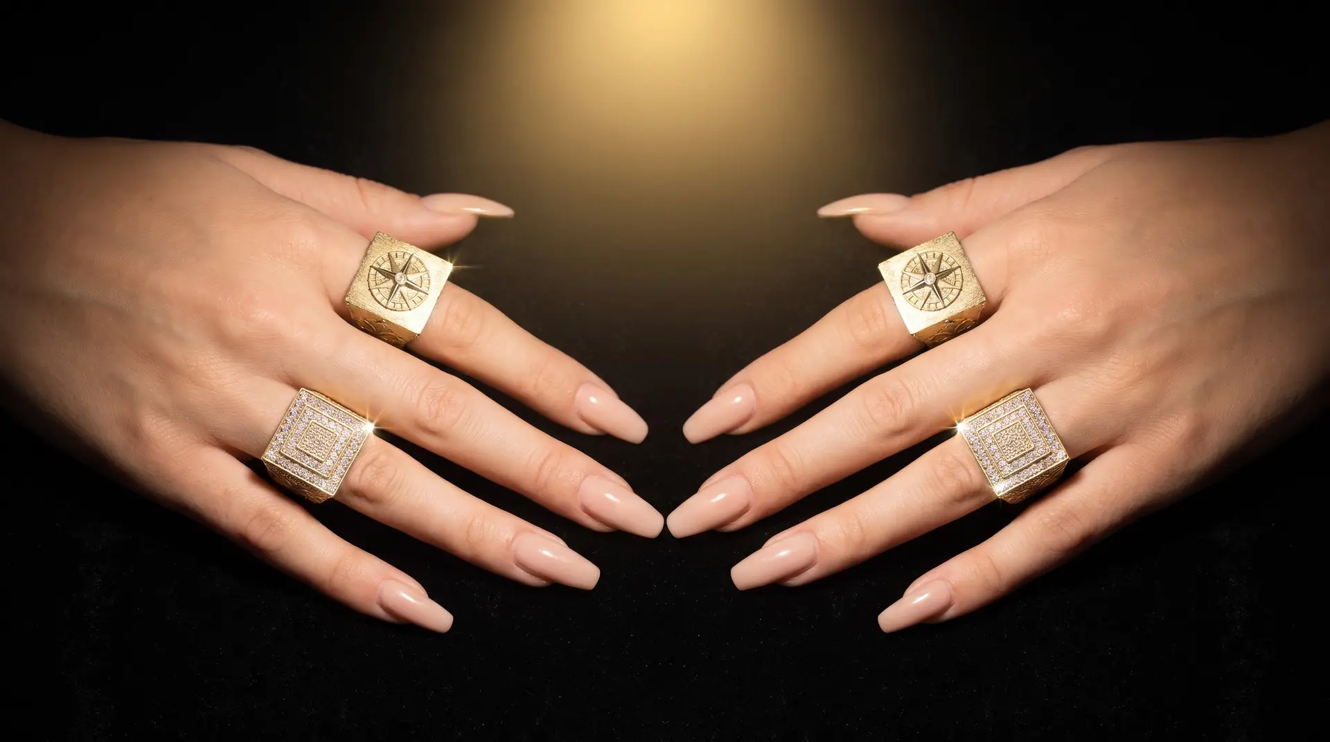 Dos manos en espejo con anillos cuadrados de oro